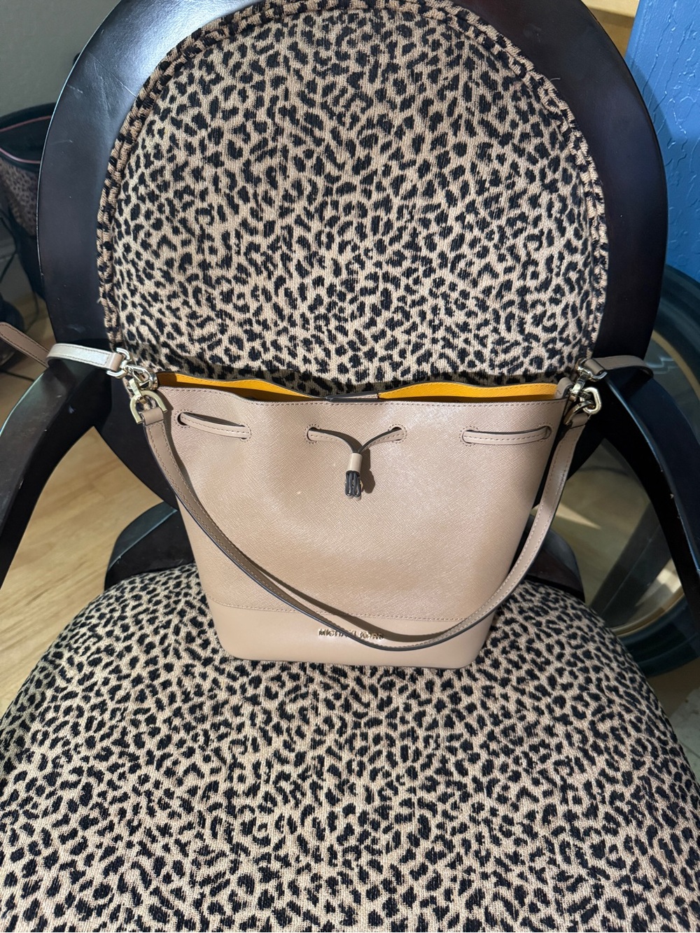 Michael Kors Taupe Leather Bucket Bag with Yellow Interior
